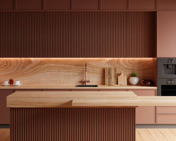 kitchen room interior in brown mocha mousse 2025 color with modern decoration - 3D rendering